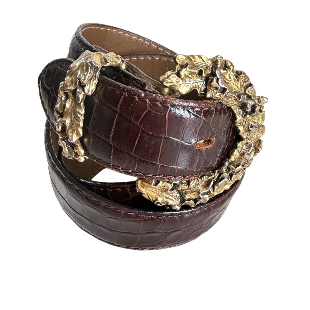 TALBOTS Vintage Brown Leather Belt S Croc Alligator Texture Ornate Leaf Buckle